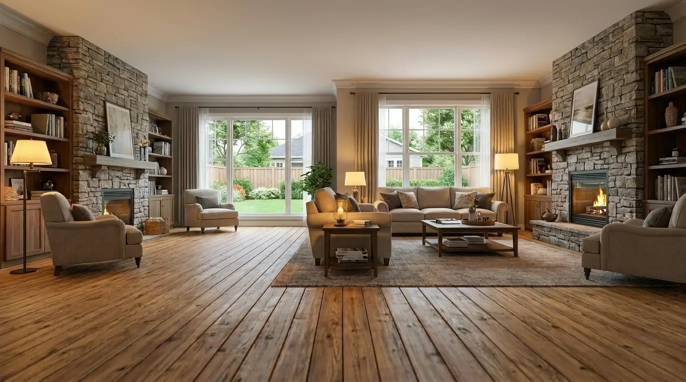 Same living room with natural hardwood floor finish