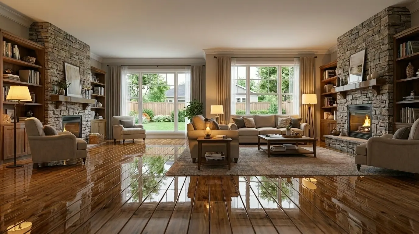 Living room with refinished hardwood floor by Kenneth's Hardwood Floors in New Jersey